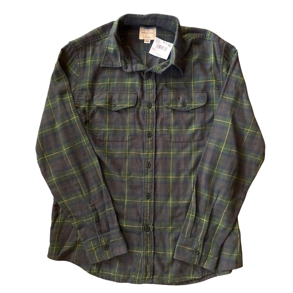 American Eagle Flannel Shirt Men Medium Green Navy Plaid Super Soft NWT
